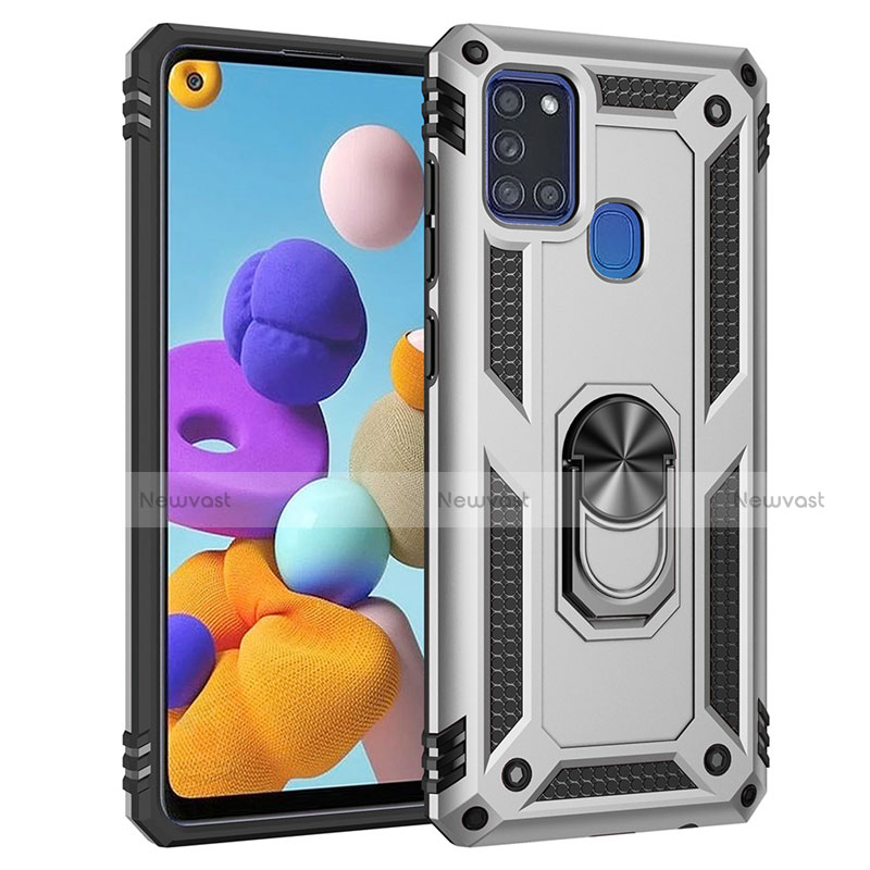Silicone Matte Finish and Plastic Back Cover Case with Magnetic Finger Ring Stand S01 for Samsung Galaxy A21s