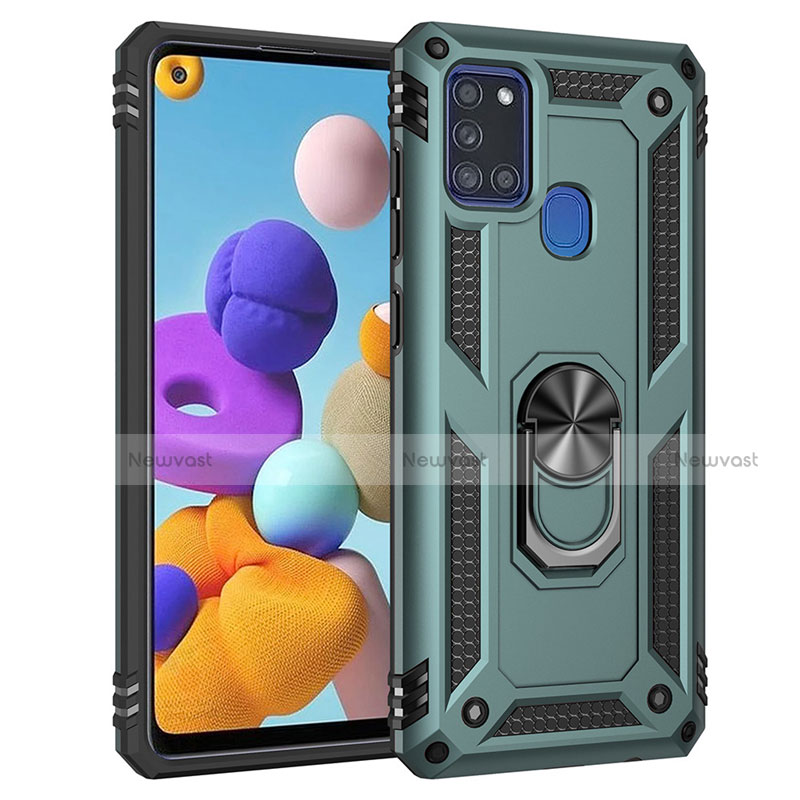 Silicone Matte Finish and Plastic Back Cover Case with Magnetic Finger Ring Stand S01 for Samsung Galaxy A21s