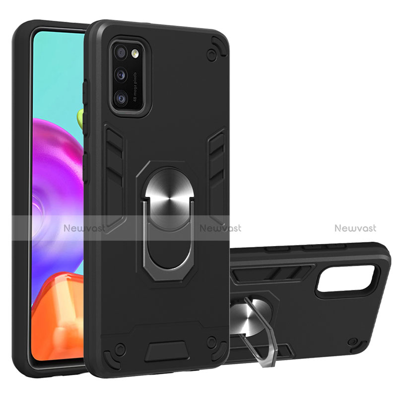 Silicone Matte Finish and Plastic Back Cover Case with Magnetic Finger Ring Stand S01 for Samsung Galaxy A41 Black