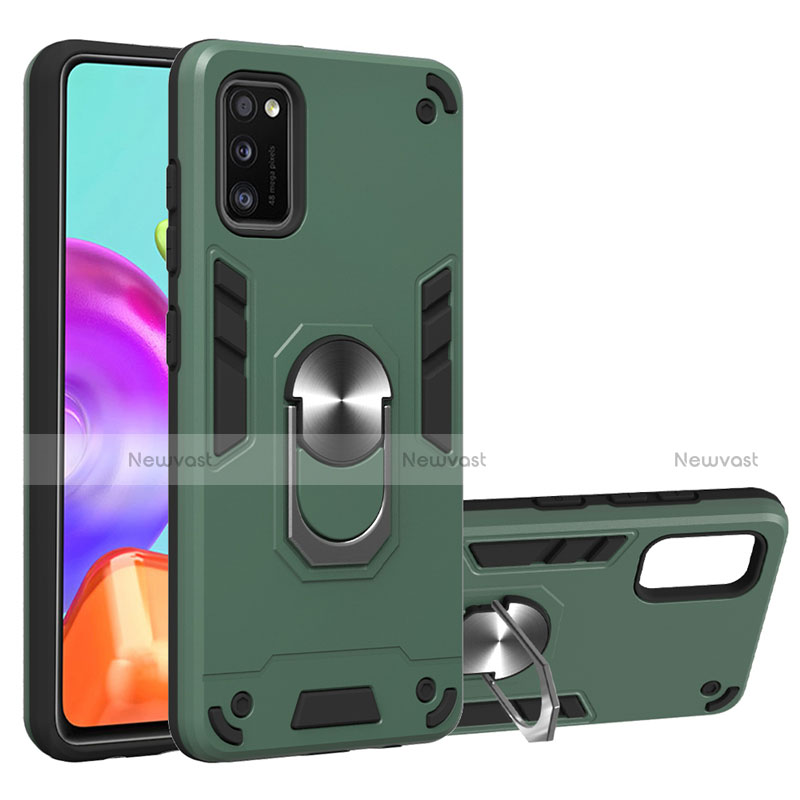 Silicone Matte Finish and Plastic Back Cover Case with Magnetic Finger Ring Stand S01 for Samsung Galaxy A41 Green