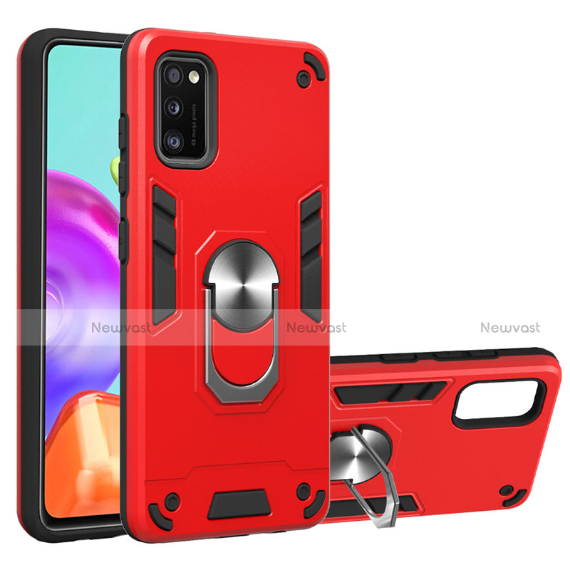 Silicone Matte Finish and Plastic Back Cover Case with Magnetic Finger Ring Stand S01 for Samsung Galaxy A41 Red