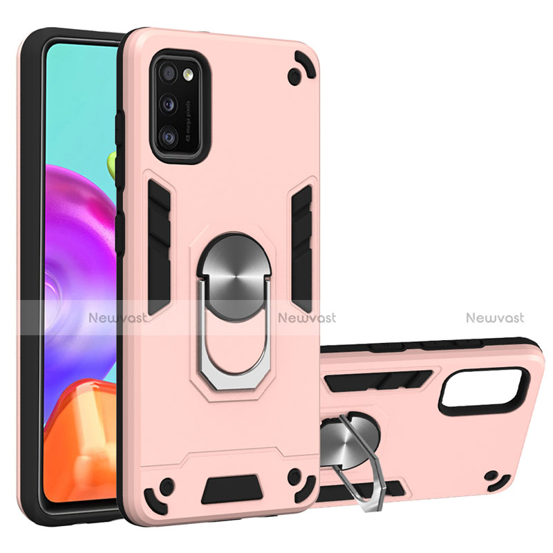 Silicone Matte Finish and Plastic Back Cover Case with Magnetic Finger Ring Stand S01 for Samsung Galaxy A41 Rose Gold