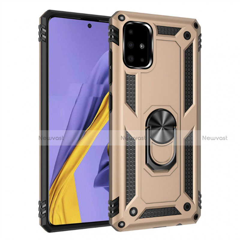 Silicone Matte Finish and Plastic Back Cover Case with Magnetic Finger Ring Stand S01 for Samsung Galaxy A51 5G Gold