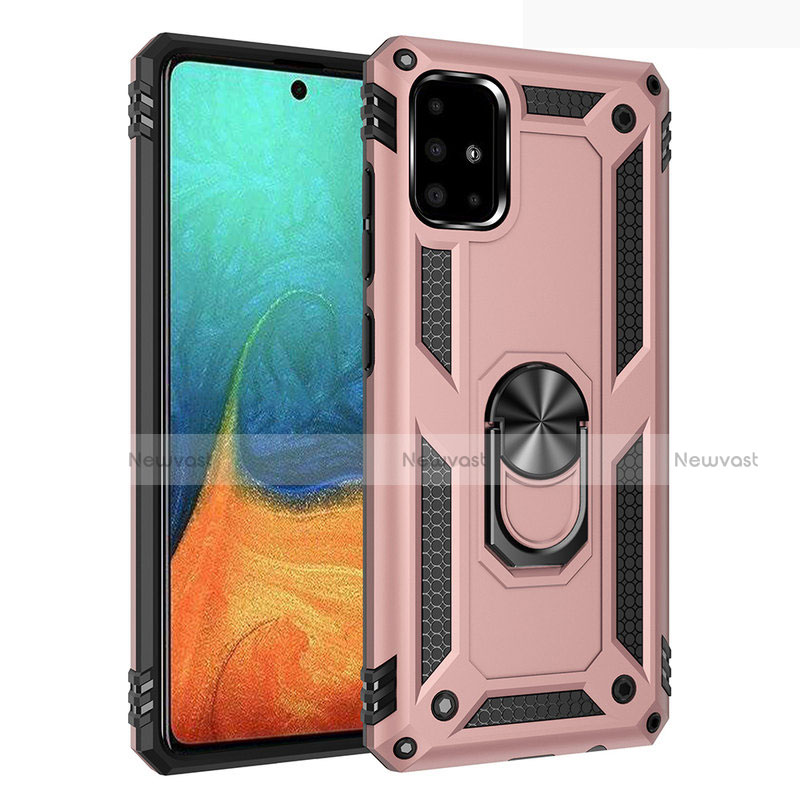 Silicone Matte Finish and Plastic Back Cover Case with Magnetic Finger Ring Stand S01 for Samsung Galaxy A71 5G Rose Gold
