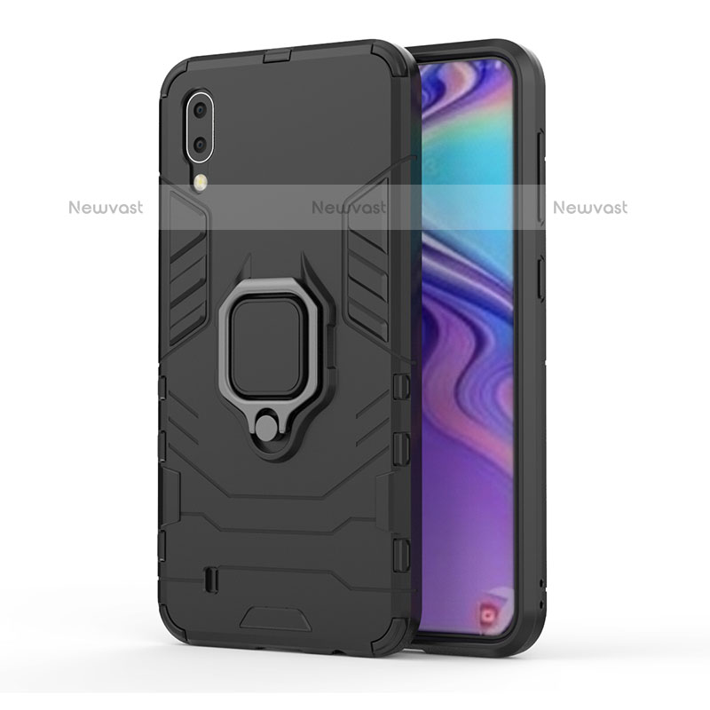 Silicone Matte Finish and Plastic Back Cover Case with Magnetic Finger Ring Stand S01 for Samsung Galaxy M10 Black