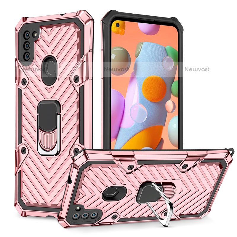 Silicone Matte Finish and Plastic Back Cover Case with Magnetic Finger Ring Stand S01 for Samsung Galaxy M11