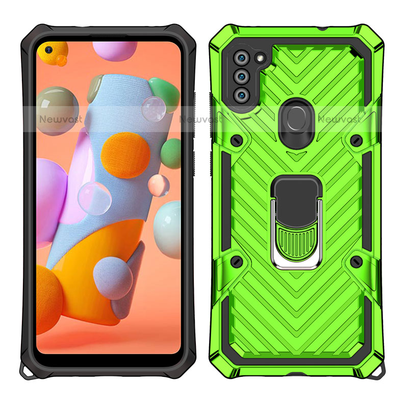 Silicone Matte Finish and Plastic Back Cover Case with Magnetic Finger Ring Stand S01 for Samsung Galaxy M11 Matcha Green