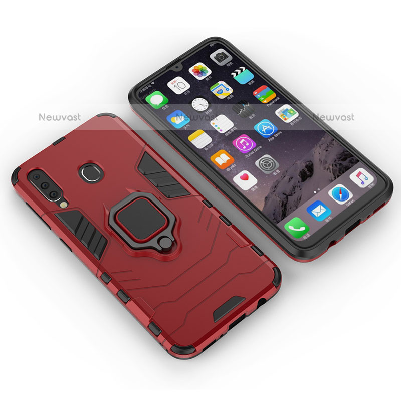 Silicone Matte Finish and Plastic Back Cover Case with Magnetic Finger Ring Stand S01 for Samsung Galaxy M30 Red