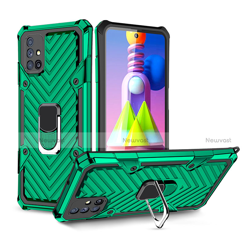 Silicone Matte Finish and Plastic Back Cover Case with Magnetic Finger Ring Stand S01 for Samsung Galaxy M51 Green