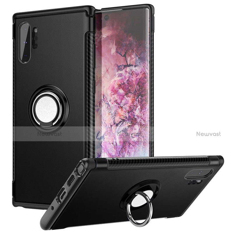Silicone Matte Finish and Plastic Back Cover Case with Magnetic Finger Ring Stand S01 for Samsung Galaxy Note 10 Plus 5G Black