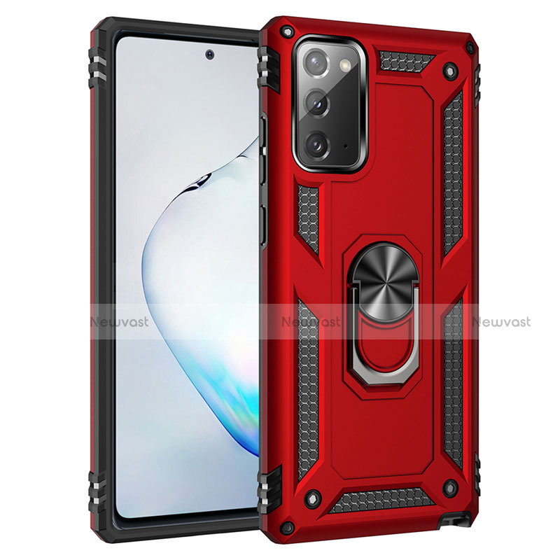 Silicone Matte Finish and Plastic Back Cover Case with Magnetic Finger Ring Stand S01 for Samsung Galaxy Note 20 5G Red