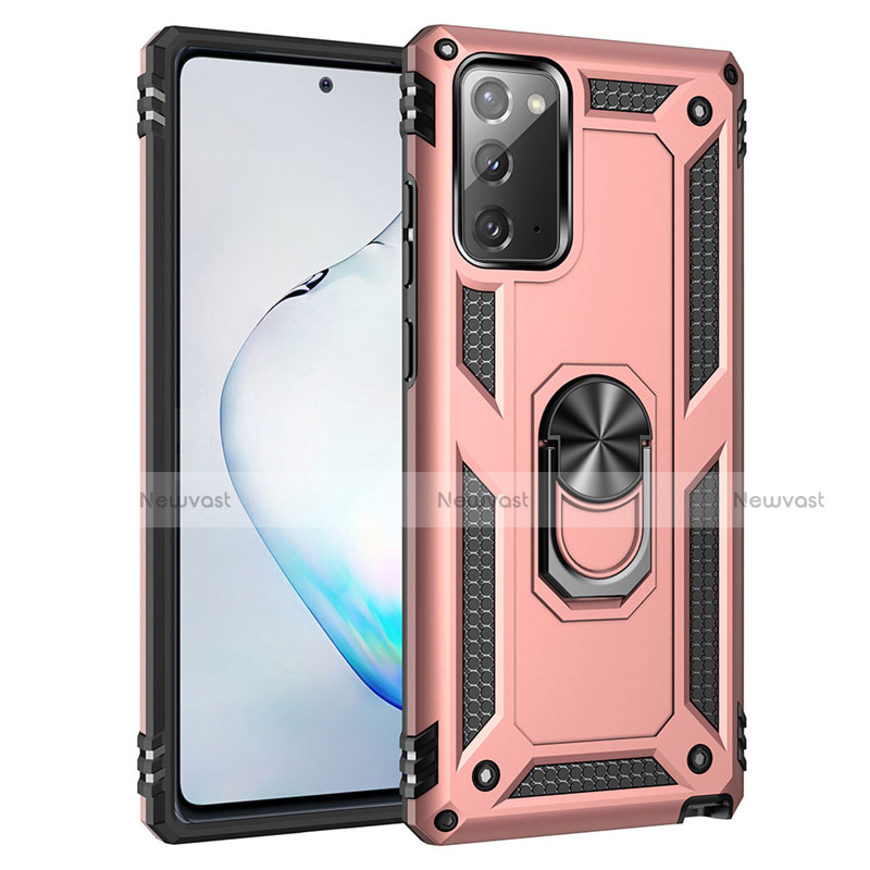 Silicone Matte Finish and Plastic Back Cover Case with Magnetic Finger Ring Stand S01 for Samsung Galaxy Note 20 5G Rose Gold