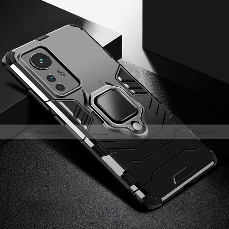 Silicone Matte Finish and Plastic Back Cover Case with Magnetic Finger Ring Stand S01 for Xiaomi Mi 12 5G Black