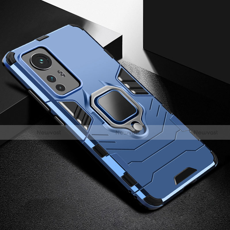 Silicone Matte Finish and Plastic Back Cover Case with Magnetic Finger Ring Stand S01 for Xiaomi Mi 12 5G Blue