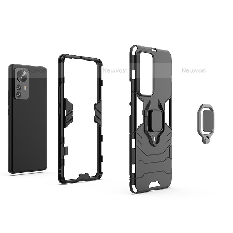 Silicone Matte Finish and Plastic Back Cover Case with Magnetic Finger Ring Stand S01 for Xiaomi Mi 12 Lite 5G