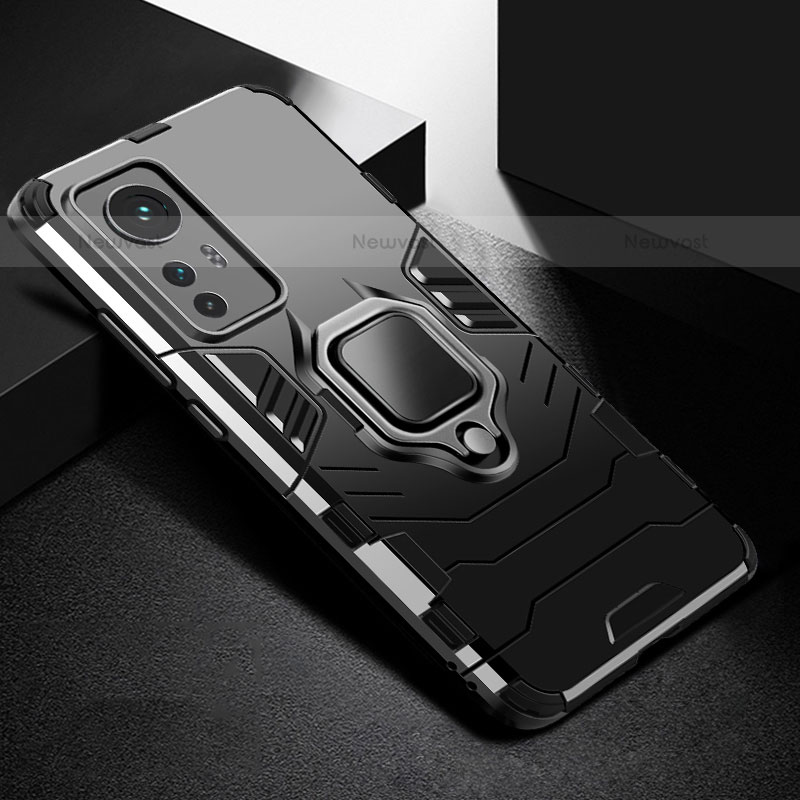 Silicone Matte Finish and Plastic Back Cover Case with Magnetic Finger Ring Stand S01 for Xiaomi Mi 12 Pro 5G Black