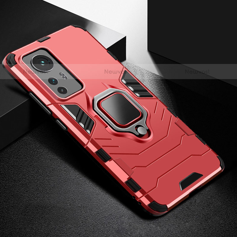 Silicone Matte Finish and Plastic Back Cover Case with Magnetic Finger Ring Stand S01 for Xiaomi Mi 12S 5G