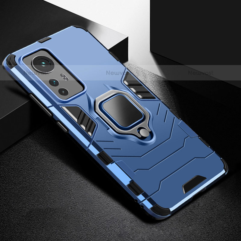 Silicone Matte Finish and Plastic Back Cover Case with Magnetic Finger Ring Stand S01 for Xiaomi Mi 12S Pro 5G Blue