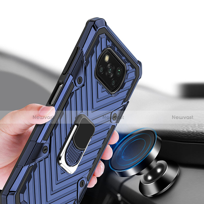 Silicone Matte Finish and Plastic Back Cover Case with Magnetic Finger Ring Stand S01 for Xiaomi Poco X3 NFC