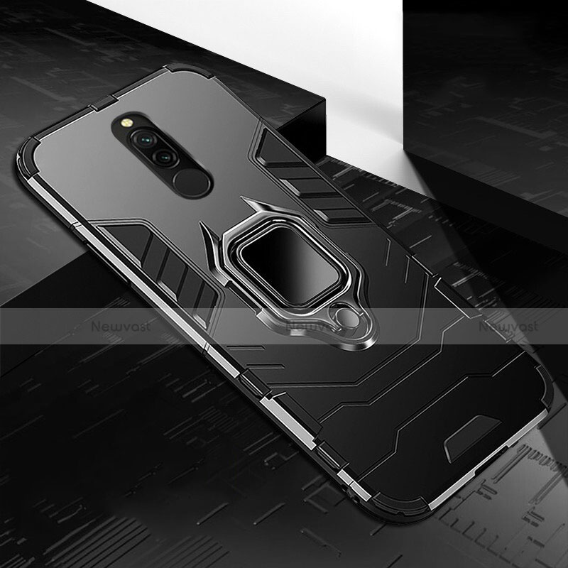 Silicone Matte Finish and Plastic Back Cover Case with Magnetic Finger Ring Stand S01 for Xiaomi Redmi 8