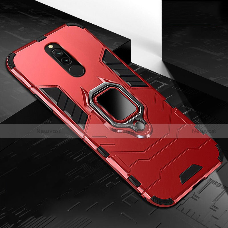 Silicone Matte Finish and Plastic Back Cover Case with Magnetic Finger Ring Stand S01 for Xiaomi Redmi 8