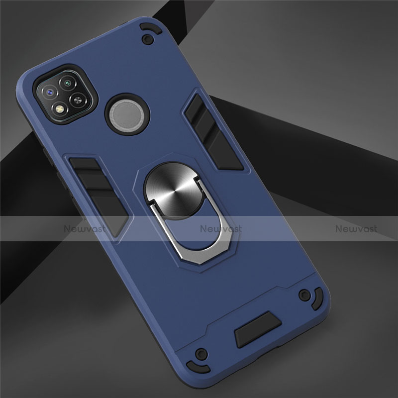 Silicone Matte Finish and Plastic Back Cover Case with Magnetic Finger Ring Stand S01 for Xiaomi Redmi 9 India Navy Blue