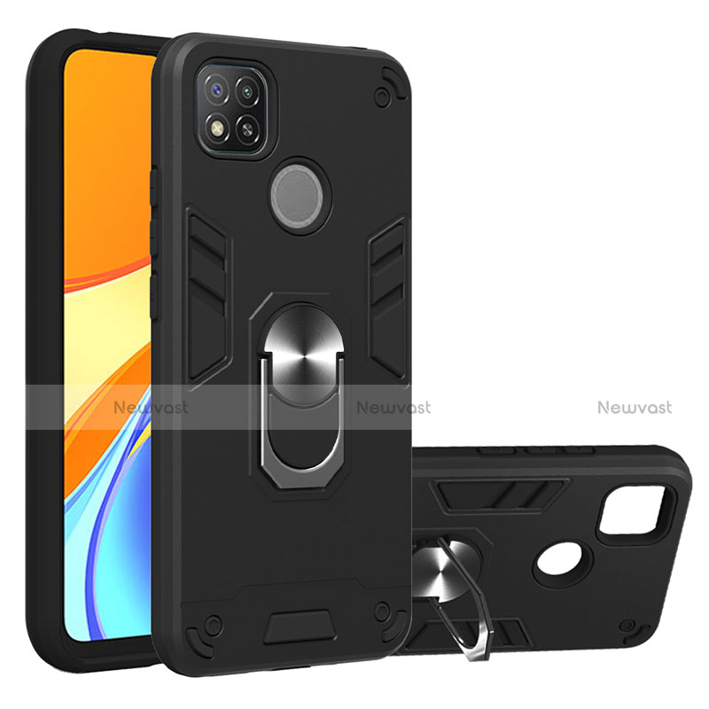 Silicone Matte Finish and Plastic Back Cover Case with Magnetic Finger Ring Stand S01 for Xiaomi Redmi 9C