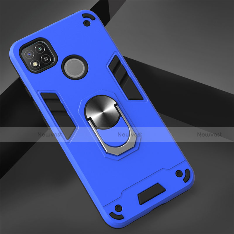 Silicone Matte Finish and Plastic Back Cover Case with Magnetic Finger Ring Stand S01 for Xiaomi Redmi 9C Blue