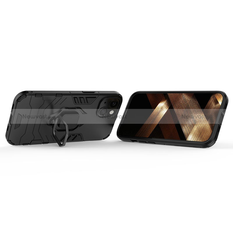 Silicone Matte Finish and Plastic Back Cover Case with Magnetic Finger Ring Stand S02 for Apple iPhone 15