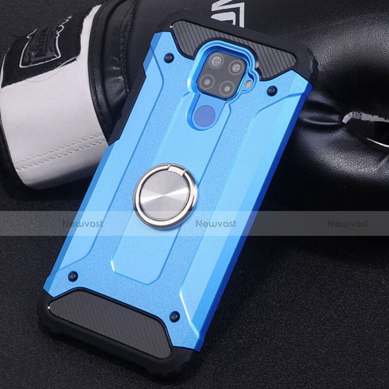 Silicone Matte Finish and Plastic Back Cover Case with Magnetic Finger Ring Stand S02 for Huawei Mate 30 Lite Sky Blue