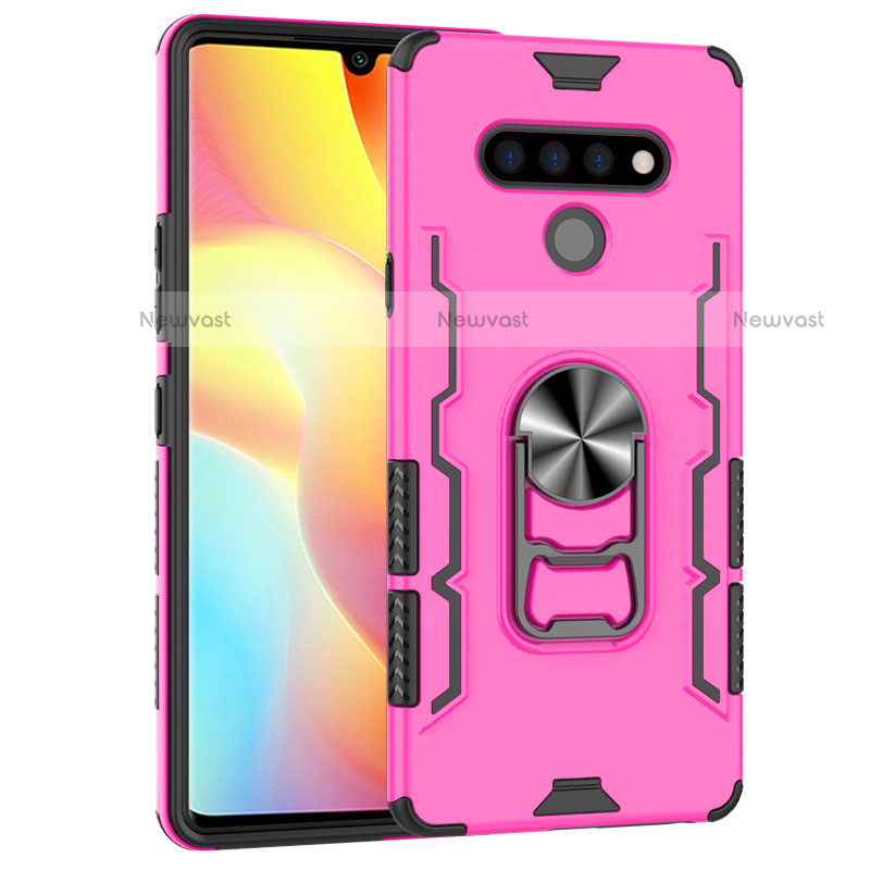 Silicone Matte Finish and Plastic Back Cover Case with Magnetic Finger Ring Stand S02 for LG Stylo 6 Pink