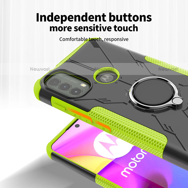 Silicone Matte Finish and Plastic Back Cover Case with Magnetic Finger Ring Stand S02 for Motorola Moto E20
