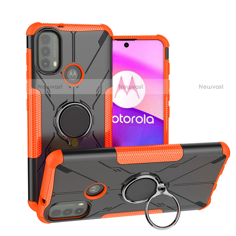 Silicone Matte Finish and Plastic Back Cover Case with Magnetic Finger Ring Stand S02 for Motorola Moto E20