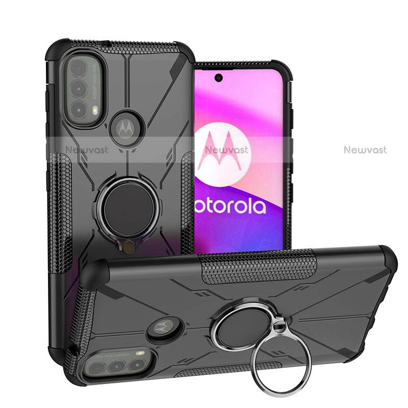 Silicone Matte Finish and Plastic Back Cover Case with Magnetic Finger Ring Stand S02 for Motorola Moto E20 Black