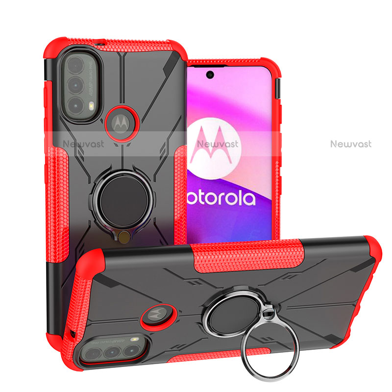 Silicone Matte Finish and Plastic Back Cover Case with Magnetic Finger Ring Stand S02 for Motorola Moto E20 Red