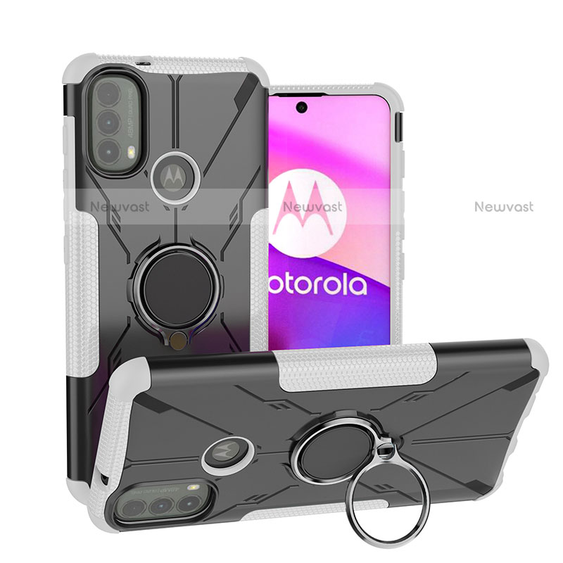 Silicone Matte Finish and Plastic Back Cover Case with Magnetic Finger Ring Stand S02 for Motorola Moto E20 White