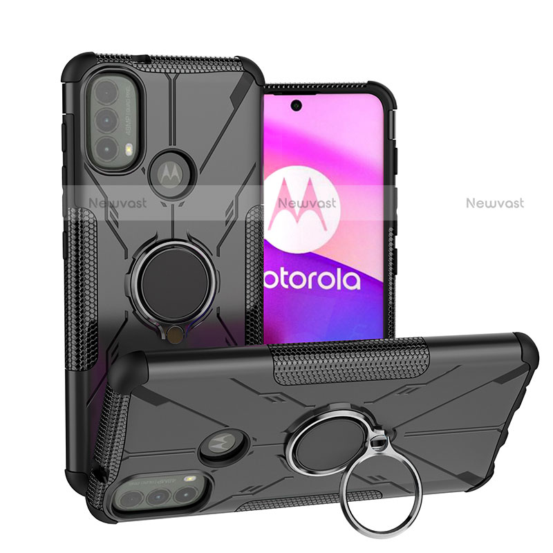 Silicone Matte Finish and Plastic Back Cover Case with Magnetic Finger Ring Stand S02 for Motorola Moto E30