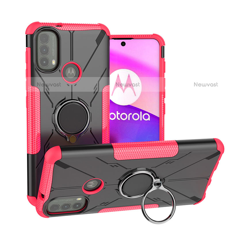 Silicone Matte Finish and Plastic Back Cover Case with Magnetic Finger Ring Stand S02 for Motorola Moto E30