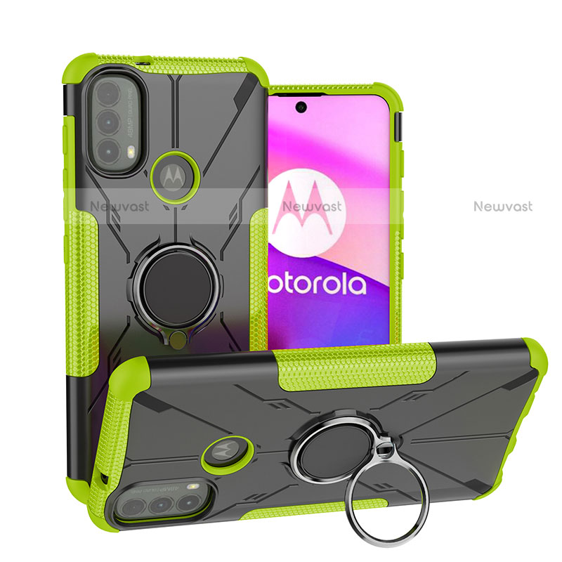 Silicone Matte Finish and Plastic Back Cover Case with Magnetic Finger Ring Stand S02 for Motorola Moto E30