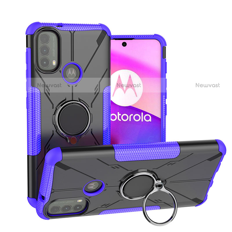 Silicone Matte Finish and Plastic Back Cover Case with Magnetic Finger Ring Stand S02 for Motorola Moto E40