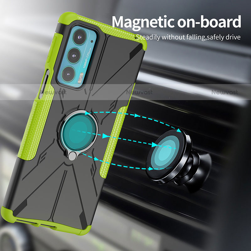 Silicone Matte Finish and Plastic Back Cover Case with Magnetic Finger Ring Stand S02 for Motorola Moto Edge 20 5G