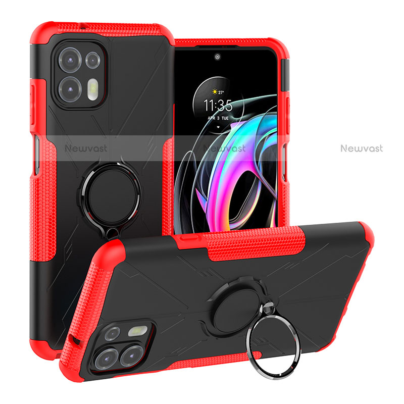 Silicone Matte Finish and Plastic Back Cover Case with Magnetic Finger Ring Stand S02 for Motorola Moto Edge 20 Lite 5G