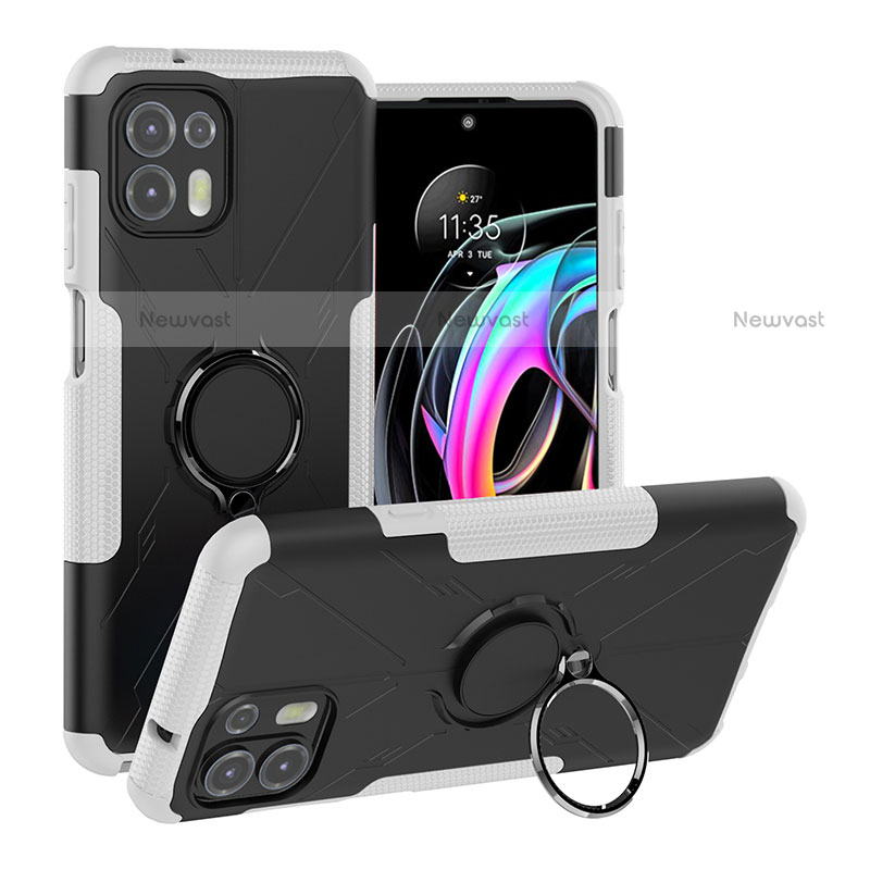 Silicone Matte Finish and Plastic Back Cover Case with Magnetic Finger Ring Stand S02 for Motorola Moto Edge 20 Lite 5G