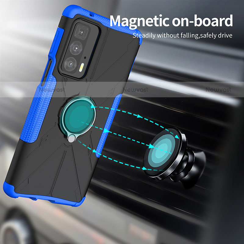 Silicone Matte Finish and Plastic Back Cover Case with Magnetic Finger Ring Stand S02 for Motorola Moto Edge 20 Pro 5G