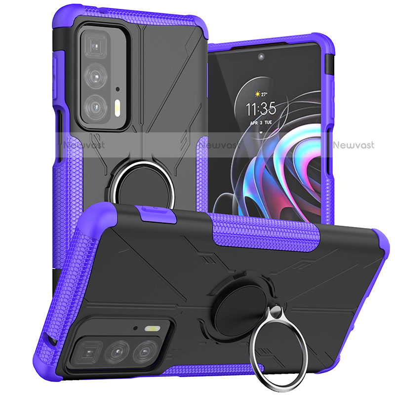 Silicone Matte Finish and Plastic Back Cover Case with Magnetic Finger Ring Stand S02 for Motorola Moto Edge 20 Pro 5G