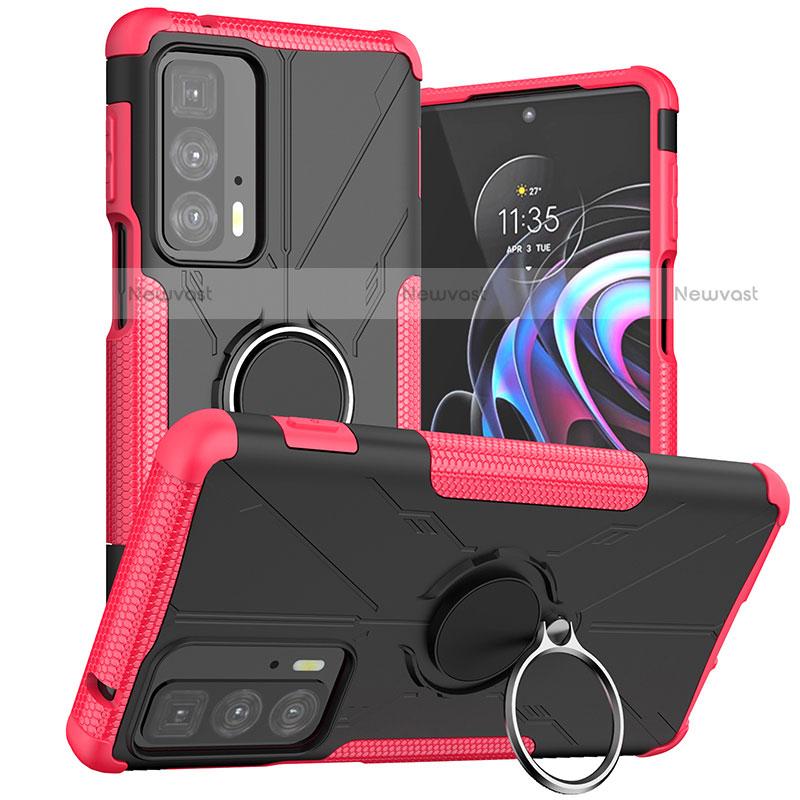 Silicone Matte Finish and Plastic Back Cover Case with Magnetic Finger Ring Stand S02 for Motorola Moto Edge 20 Pro 5G Hot Pink