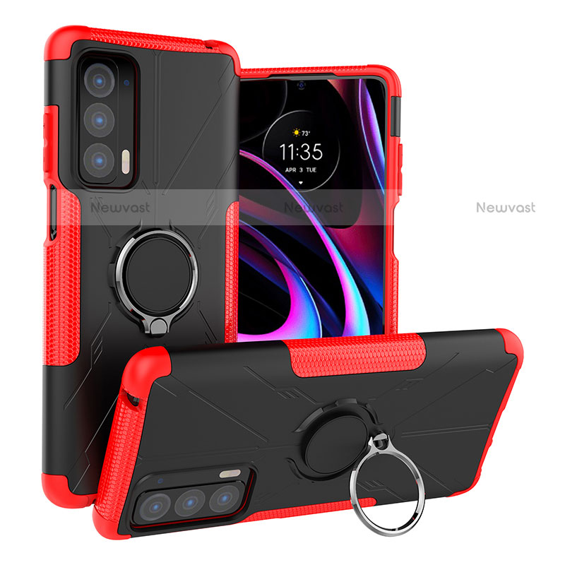 Silicone Matte Finish and Plastic Back Cover Case with Magnetic Finger Ring Stand S02 for Motorola Moto Edge (2021) 5G