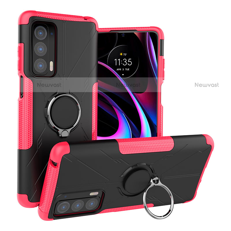 Silicone Matte Finish and Plastic Back Cover Case with Magnetic Finger Ring Stand S02 for Motorola Moto Edge (2021) 5G