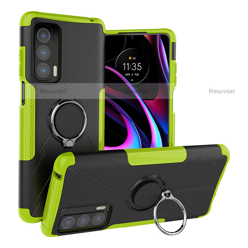 Silicone Matte Finish and Plastic Back Cover Case with Magnetic Finger Ring Stand S02 for Motorola Moto Edge (2021) 5G