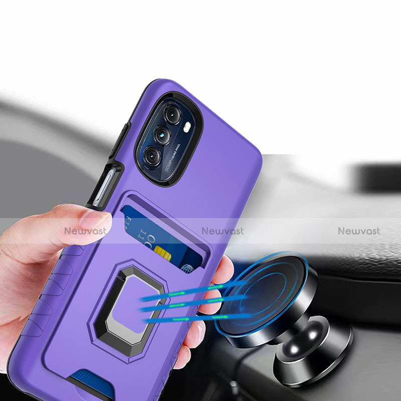 Silicone Matte Finish and Plastic Back Cover Case with Magnetic Finger Ring Stand S02 for Motorola Moto G 5G (2022)